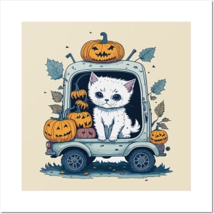 Pumpkin Truck & cat Posters and Art